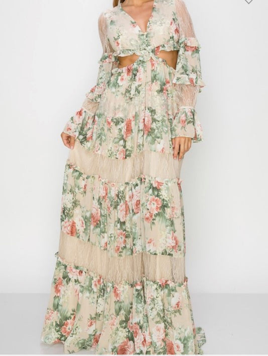 Flower Print Ruffle Maxi Dress